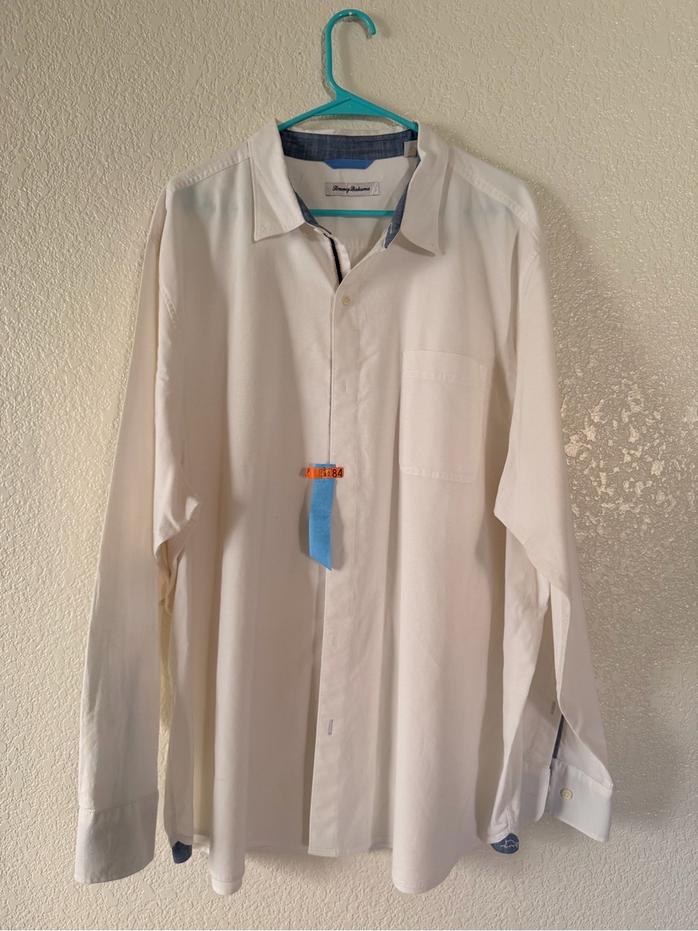 Tommy Bahama White Long-Sleeve Button-Up Shirt with Blue Trim